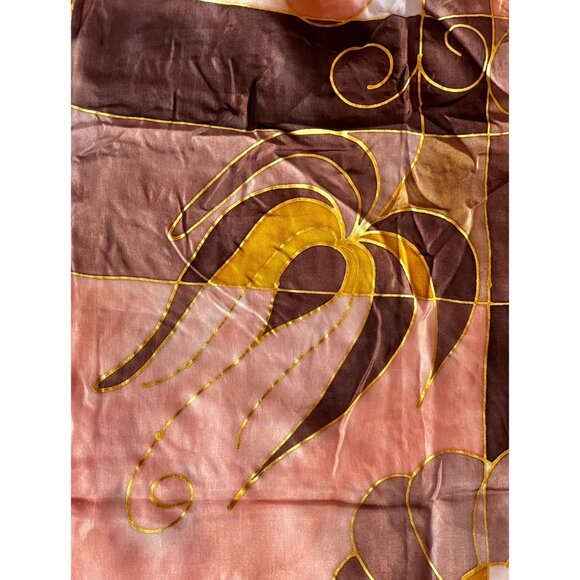 Hand-Painted Silk Scarf Abstract Floral Brown Gold Peach Black 57x16 Rolled Hem - Picture 6 of 10